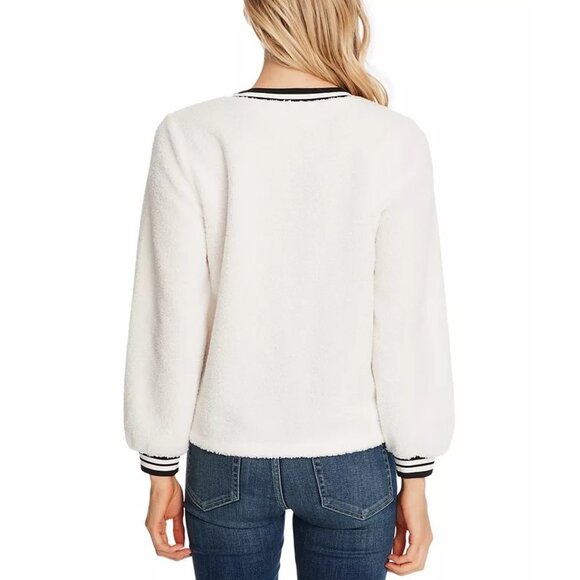 CeCe Striped-Trim Crewneck Teddy Sweater - Picture 2 of 6